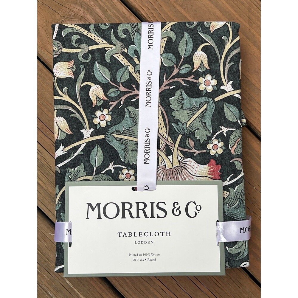 MORRIS & Co Lodden 70" Round Cotton Tablecloth Green Symmetrical Stem Flowers